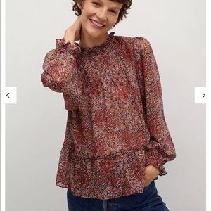 Mango Floral Print Ruffle Neck Blouse